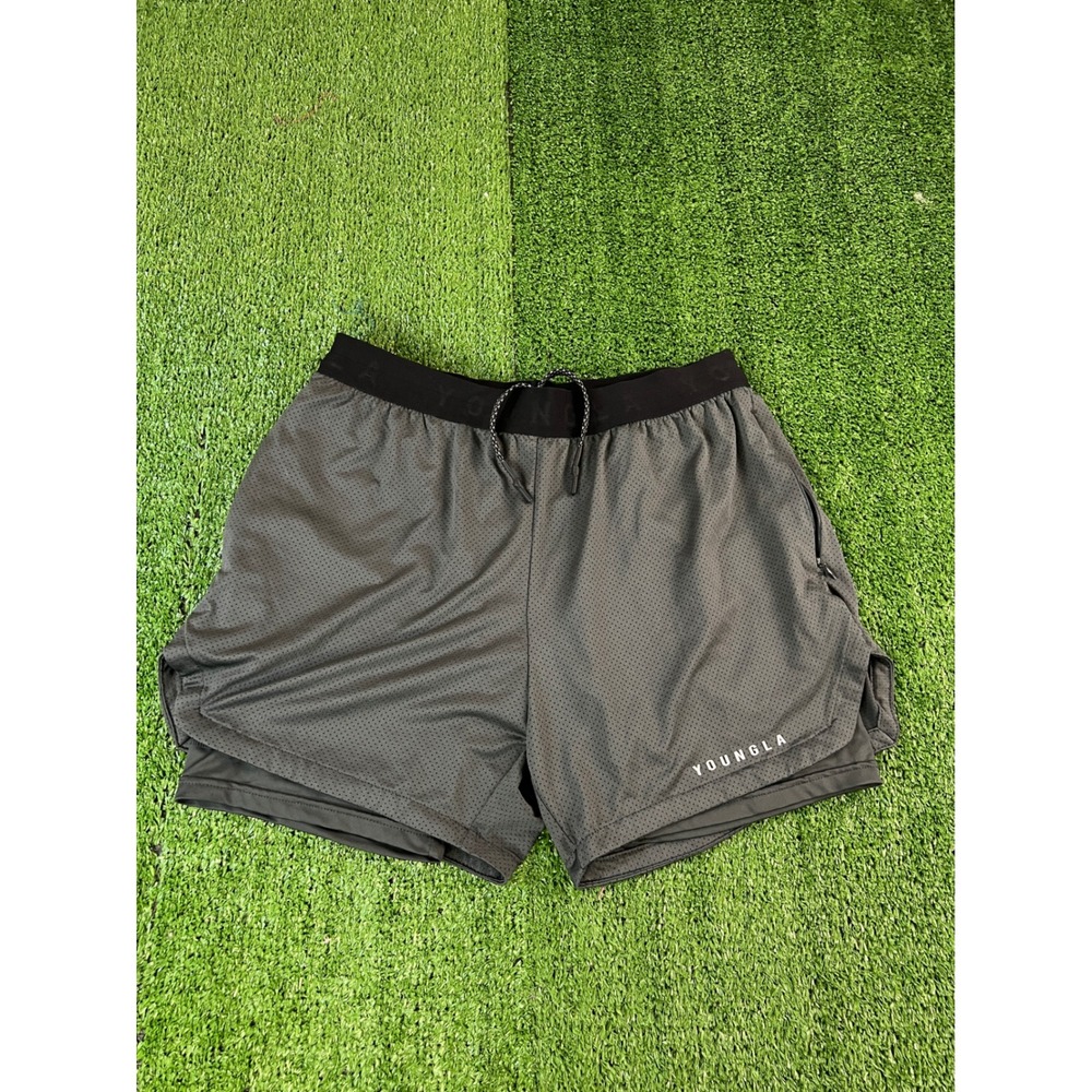 YoungLA Mens Gray Mesh Compression Layer Gym Shorts Phone Pocket Size Medium